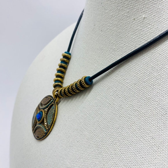 Chico's Bronze and Blue Swarovski Crystal Medallion Necklace - Picture 4 of 6